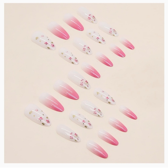Floral Pink French Full Cover Stick on Nails Almond Glossy Gradient Pink NWT - Picture 4 of 6